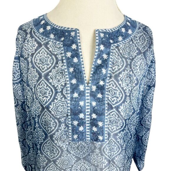 Gretchen Scott Blue Print Silk Tunic Top Semi Sheer Resort Beachy Size L - Picture 2 of 9